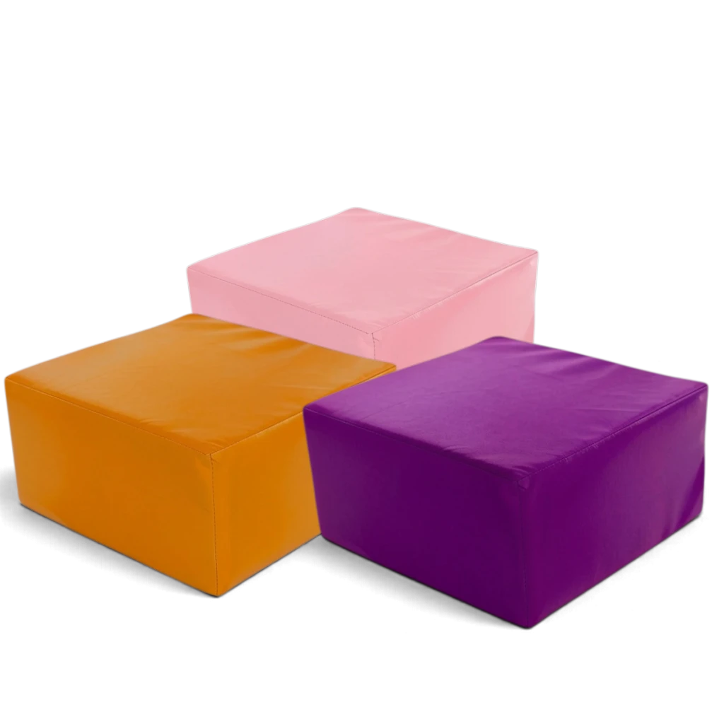 UK Gym Pits soft play cube pouffes in orange, pink, and purple vinyl for children's nurseries and schools.