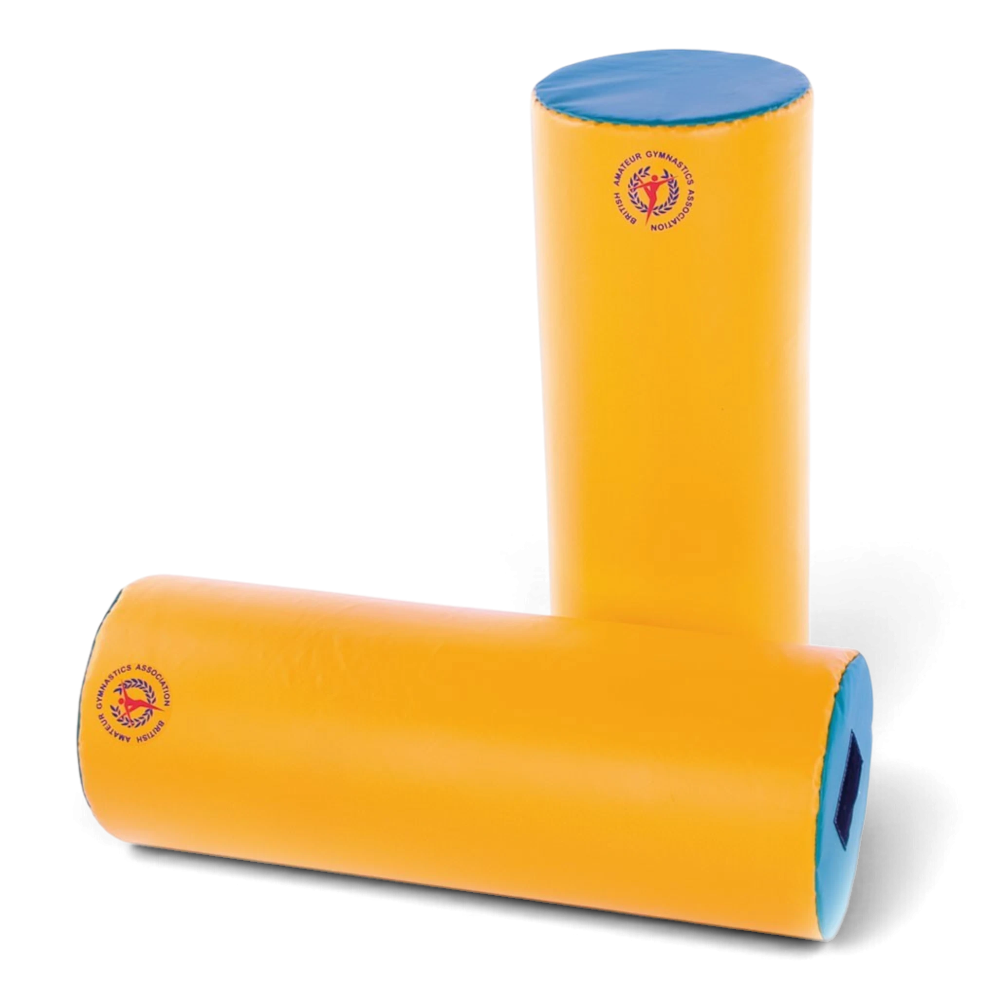 UK Gym Pits soft play foam cylinders in yellow with blue ends, featuring British Gymnastics branding for motor skills.