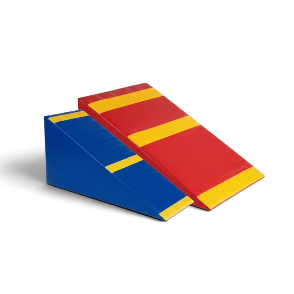 UK Gym Pits Jump for Joy Sport soft play wedge mats in blue, red, and yellow for gymnastics and motor skill training.