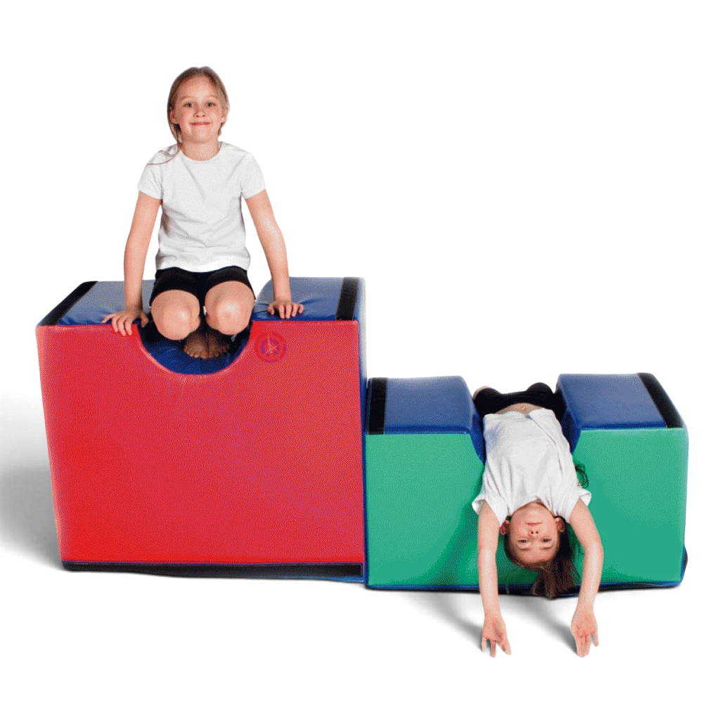 UK Gym Pits Jump for Joy soft play foam gymnastics set with two children playing on colorful modular blocks