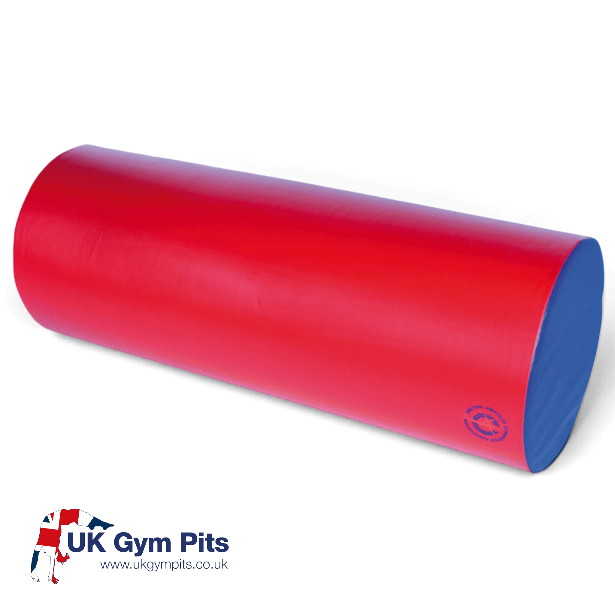 UK Gym Pits soft play rod in red with blue ends, made from durable PVC foam for gymnastics and motor skill training.