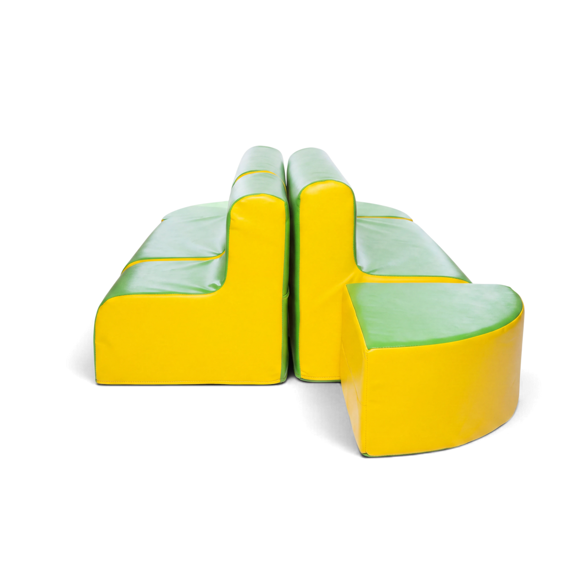 UK Gym Pits Furniture Island Set featuring green and yellow soft play sofas and wedge pouffes for children.