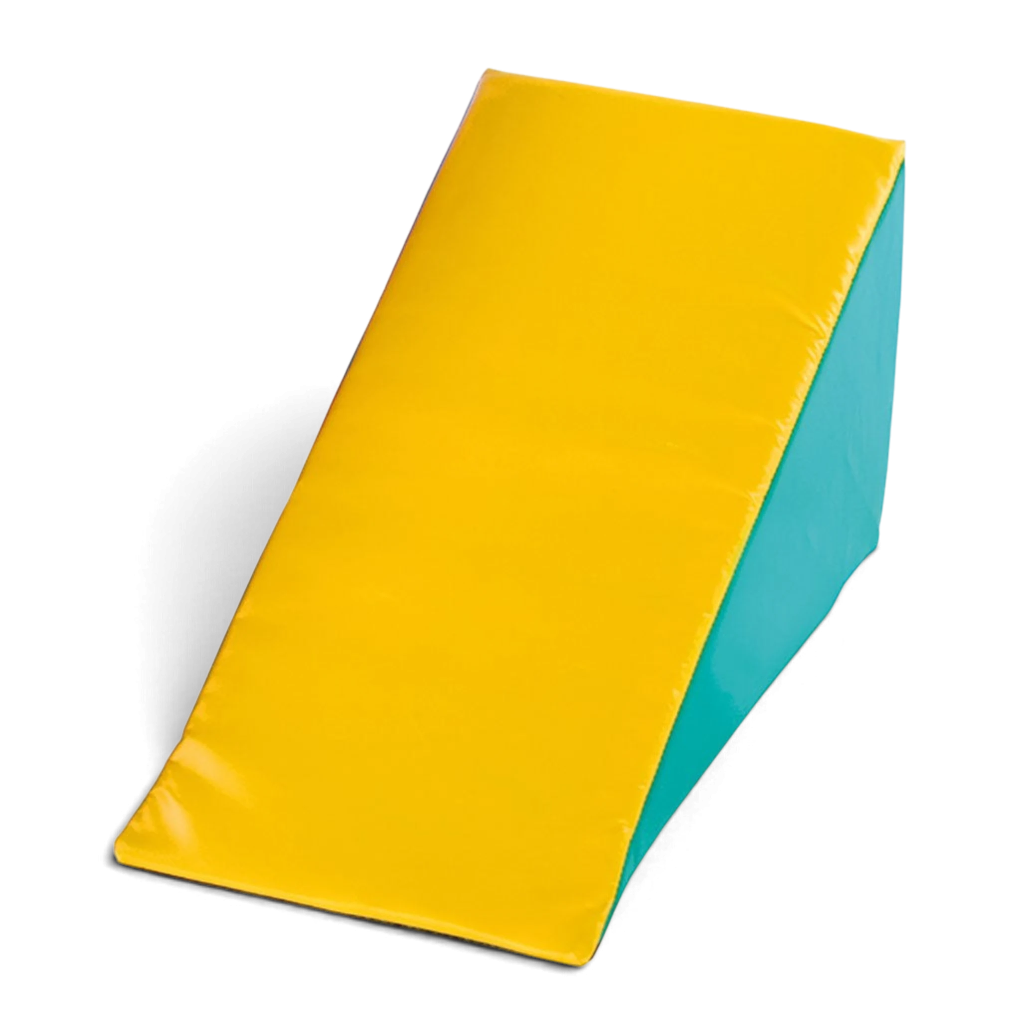UK Gym Pits soft play wedge in yellow and teal vinyl for children's gymnastics and gross motor skill development.