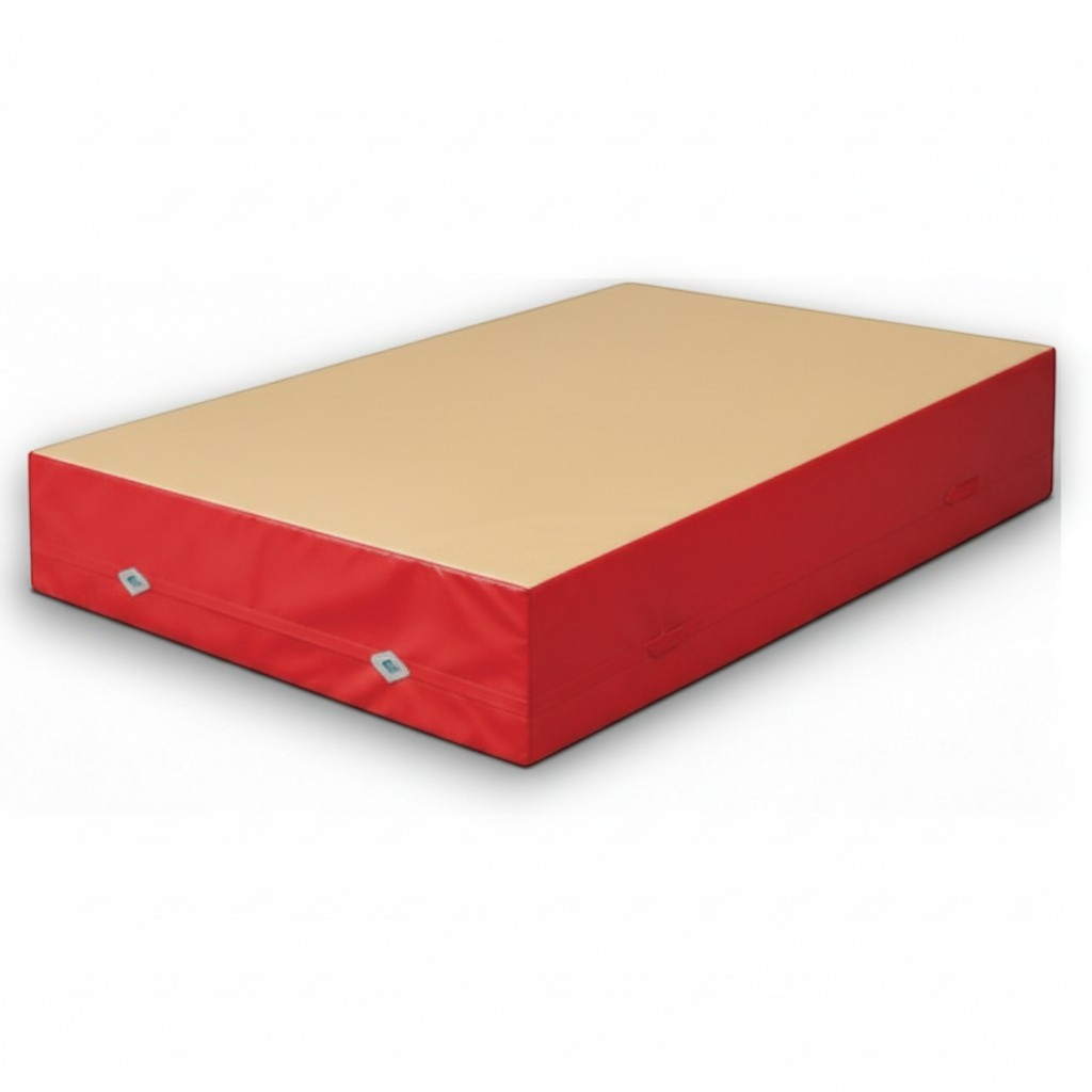 UK Gym Pits FIG approved red and beige soft topper gymnastics landing mat with non-slip base and air mesh windows