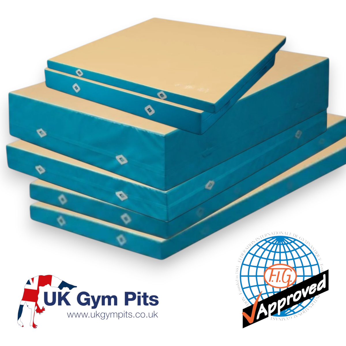UK Gym Pits FIG approved soft topper landing mats in blue and beige with non-slip base and air mesh ventilation.