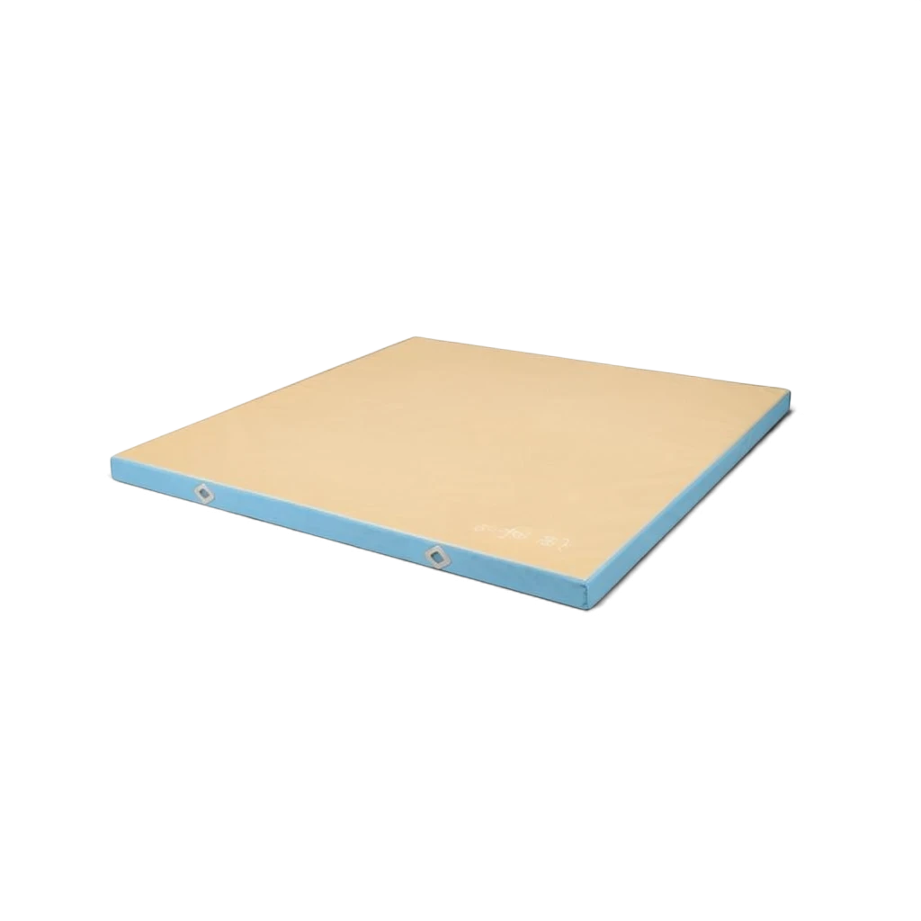 UK Gym Pits FIG approved soft topper gymnastics landing mat with a tan jersey top and light blue PVC vinyl sides.