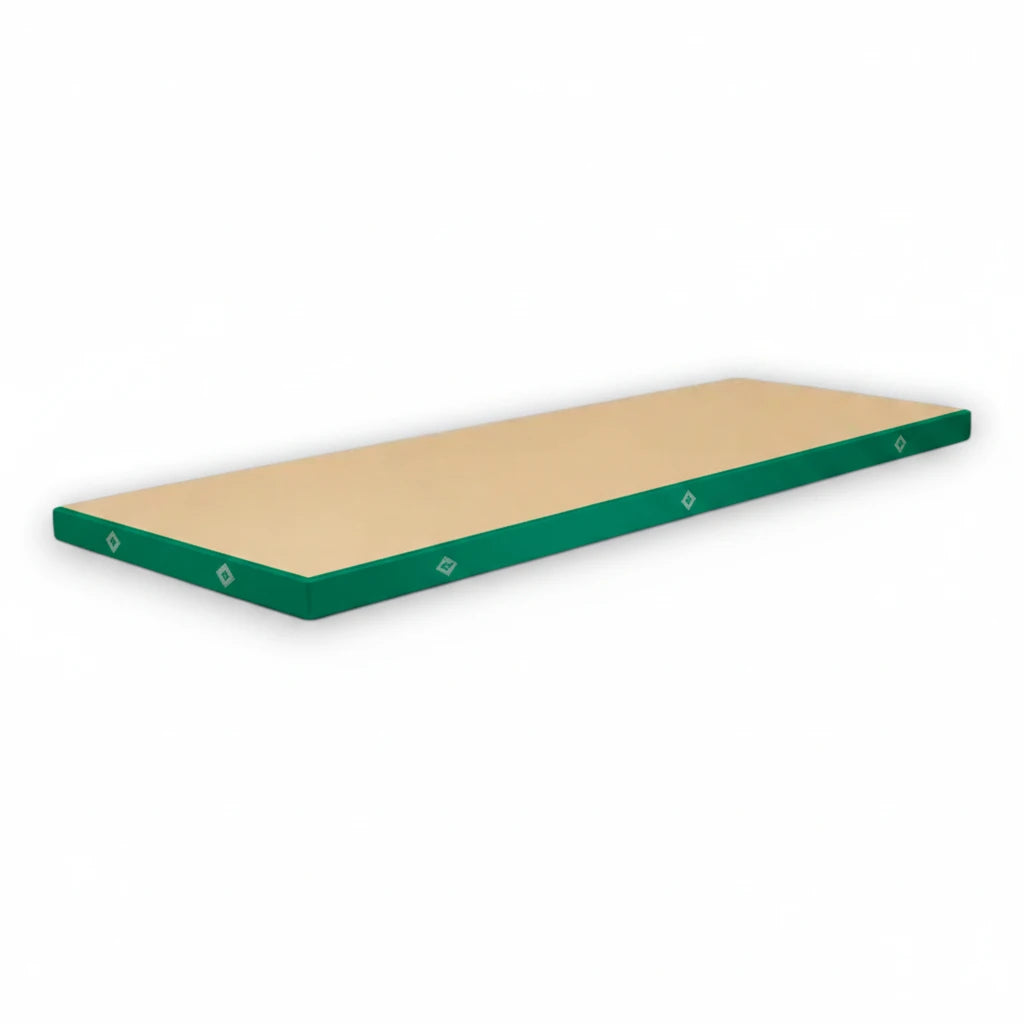 UK Gym Pits FIG approved soft topper gymnastics landing mat with a beige jersey top and green PVC sides.
