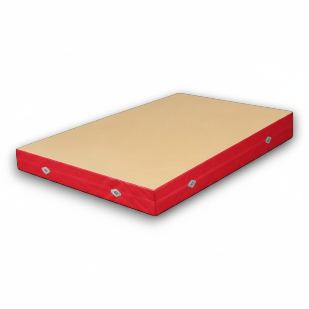 UK Gym Pits FIG approved soft topper gymnastics landing mat with beige jersey top and red PVC sides