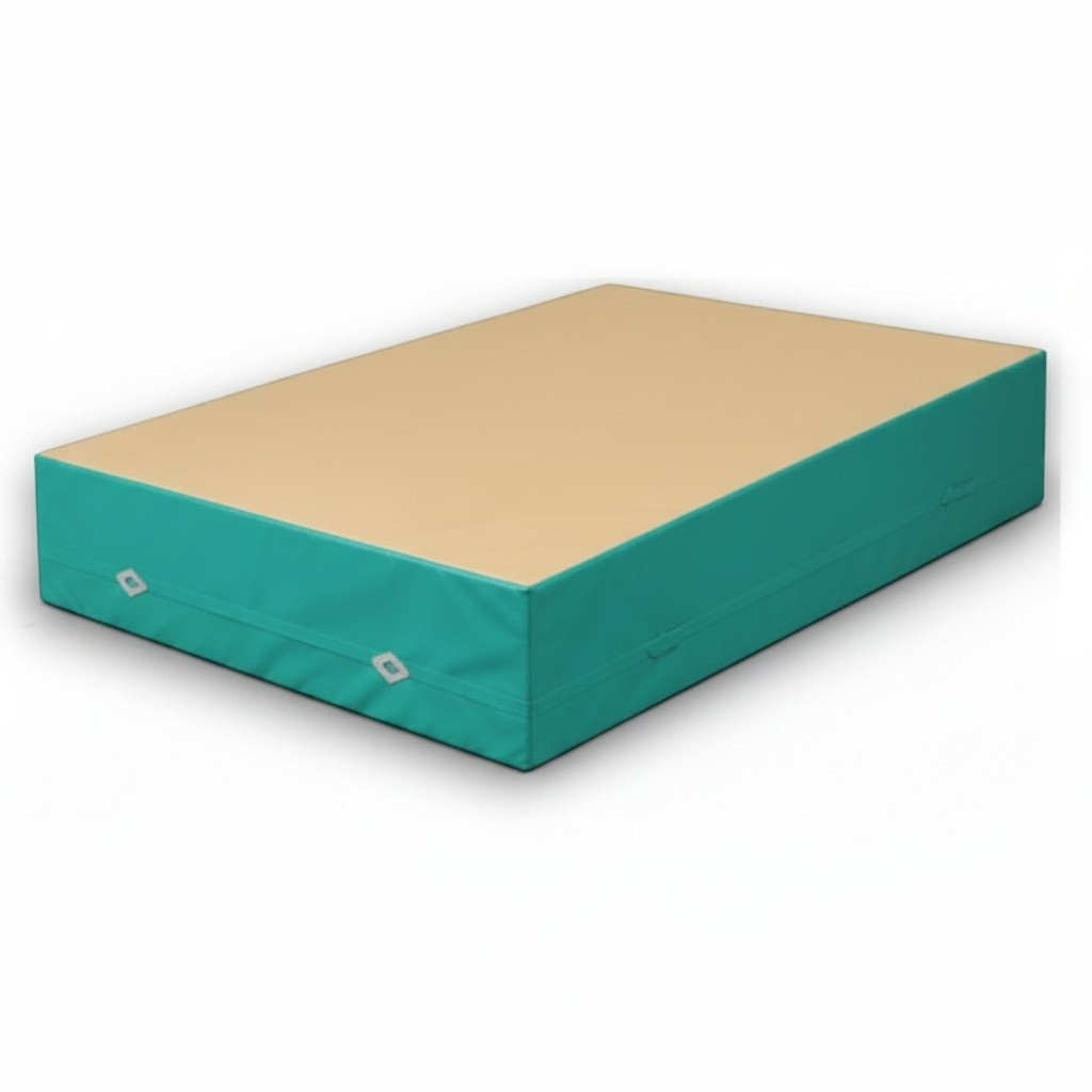 UK Gym Pits FIG approved soft topper gymnastics landing mat with a beige jersey top and teal PVC sides.