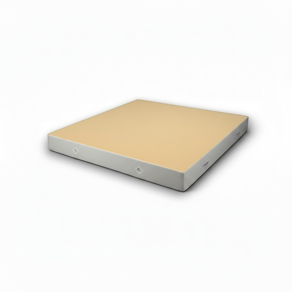 UK Gym Pits FIG approved soft topper landing mat with beige jersey top and grey PVC sides for gymnastics training.
