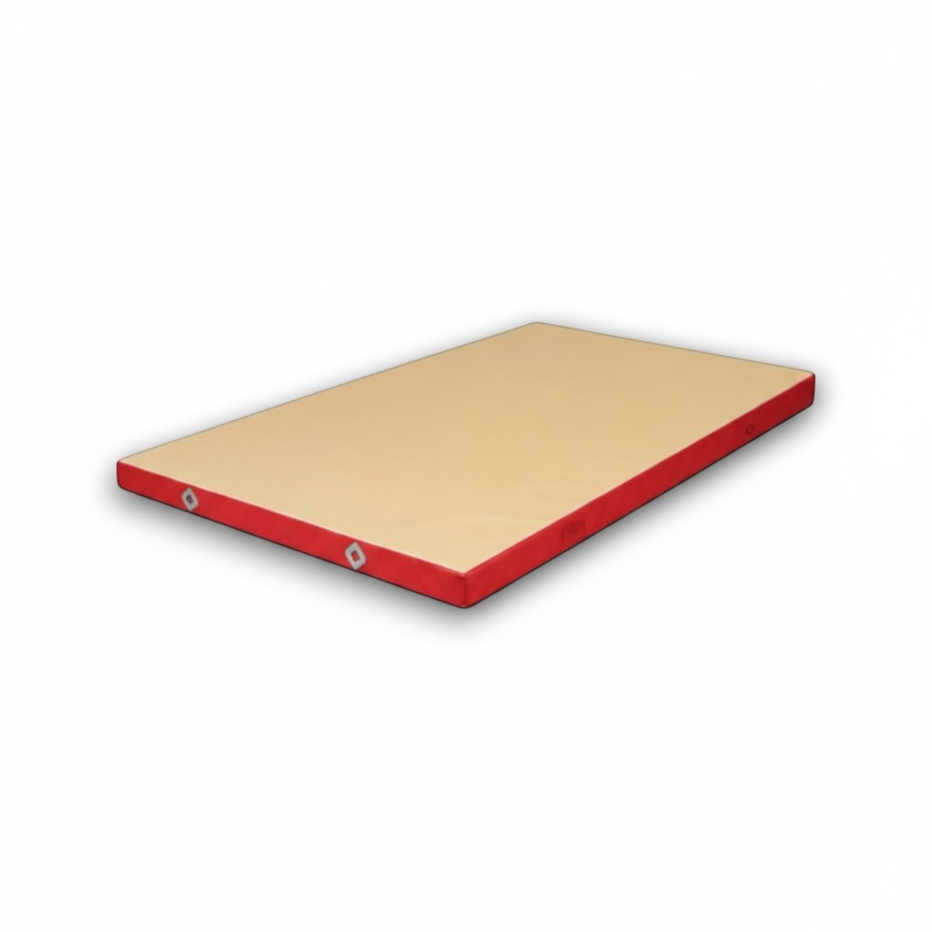 UK Gym Pits FIG approved soft topper gymnastics landing mat with beige jersey top and red PVC sides
