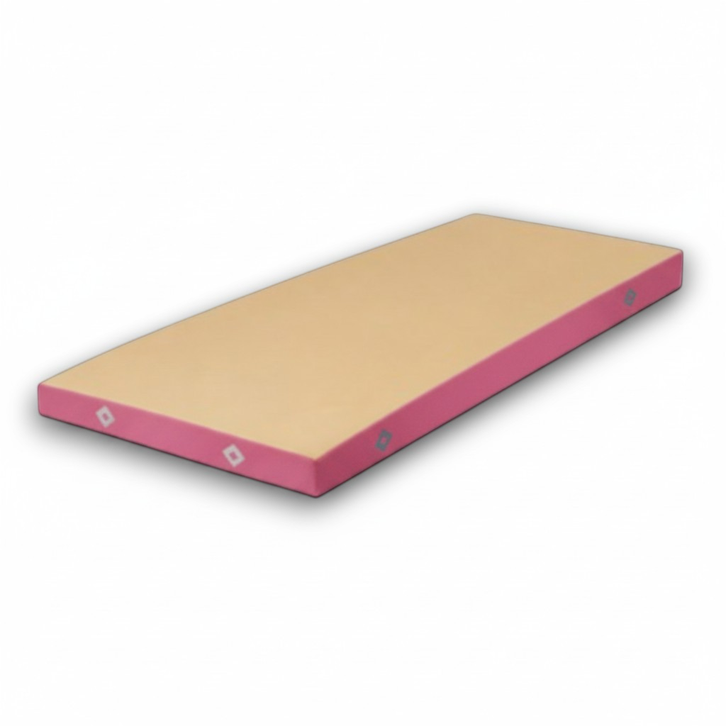UK Gym Pits FIG approved soft topper gymnastics landing mat with a beige jersey top and pink PVC vinyl sides.