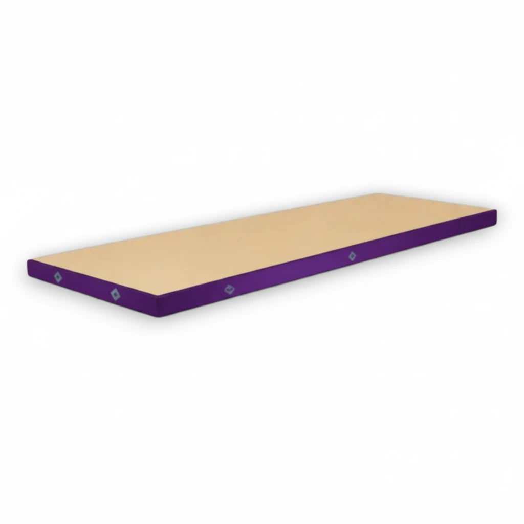 UK Gym Pits FIG approved soft topper gymnastics landing mat with a beige jersey top and purple PVC vinyl sides.