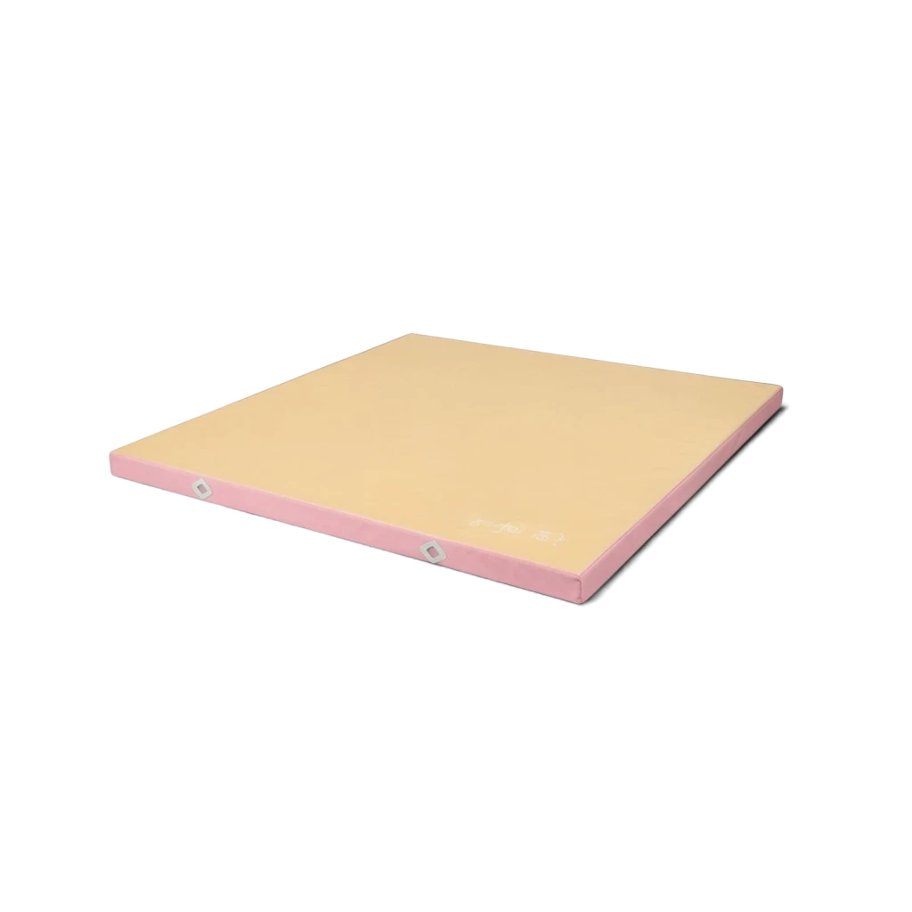 UK Gym Pits Gaofei FIG approved soft topper gymnastics landing mat with a beige jersey top and pink PVC sides.