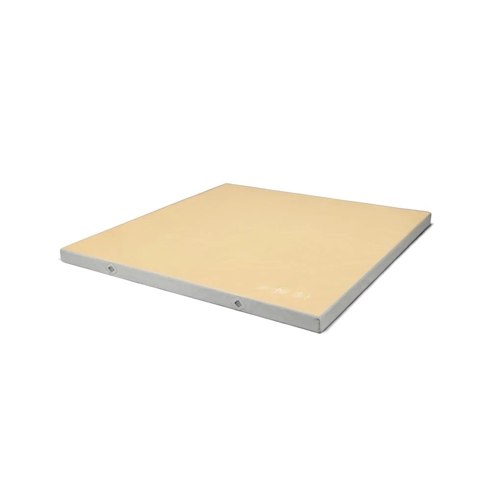 UK Gym Pits Gaofei FIG approved soft topper landing mat with a beige jersey top and grey PVC sides for gymnastics.