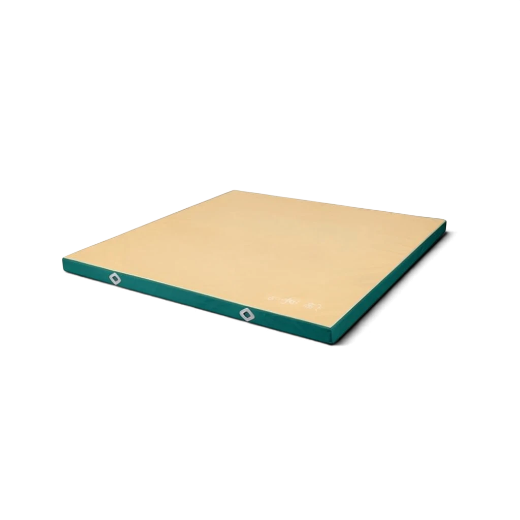 UK Gym Pits FIG approved soft topper landing mat with a tan jersey top and teal vinyl sides with air mesh windows.
