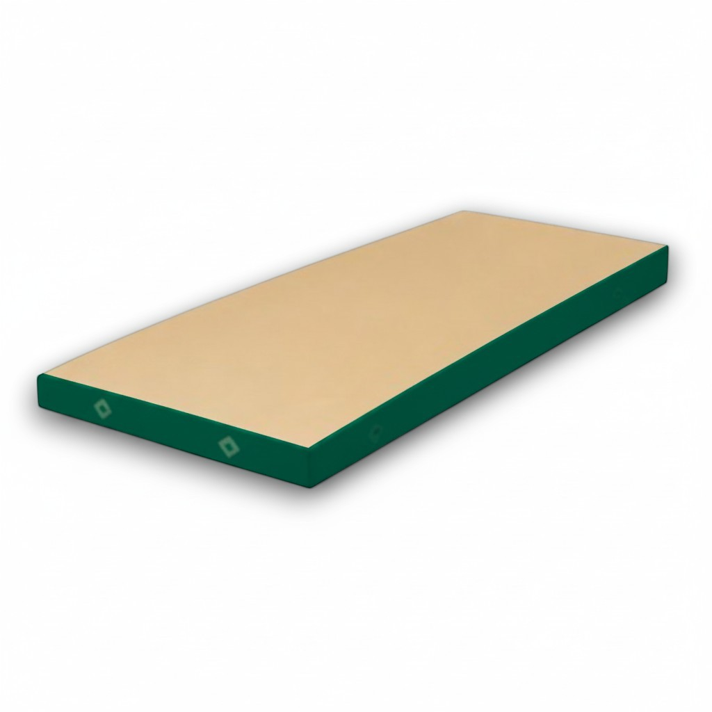 UK Gym Pits FIG approved soft topper landing mat with a beige jersey top and green PVC sides for gymnastics training.