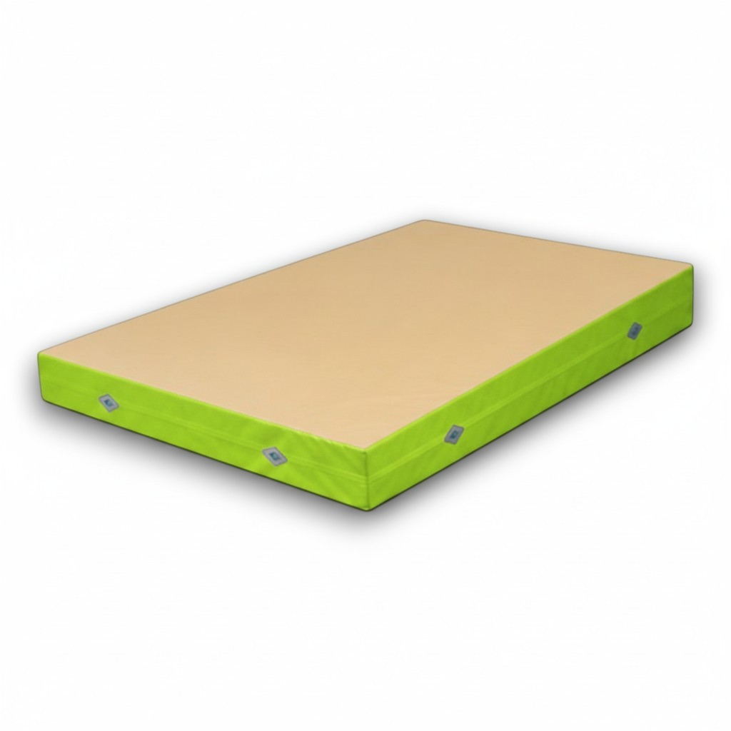 UK Gym Pits FIG approved soft topper gymnastics landing mat with a beige jersey top and bright green PVC vinyl sides.