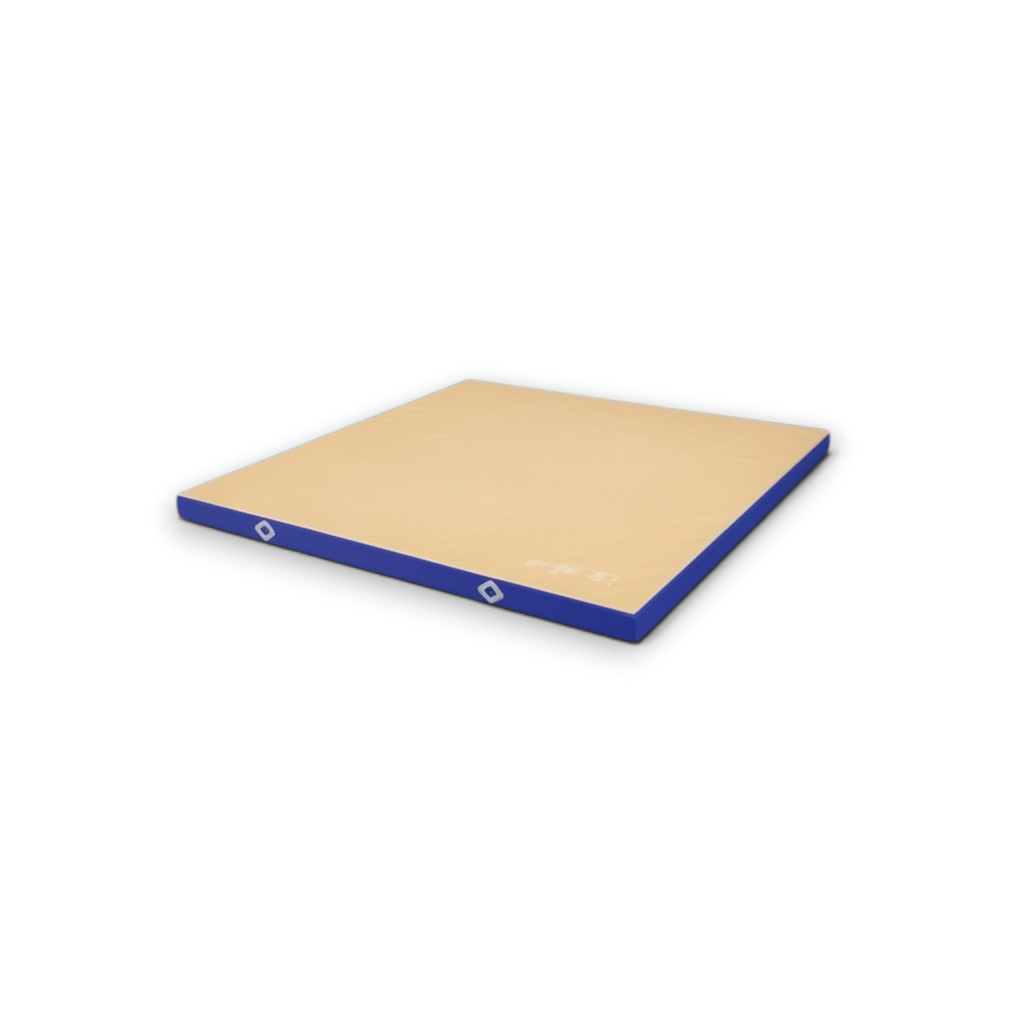 UK Gym Pits FIG approved soft topper gymnastics landing mat with a beige jersey top and blue PVC sides.
