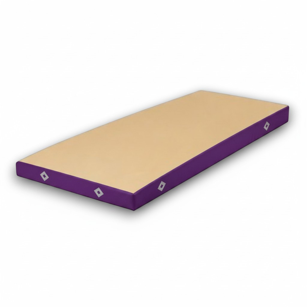 UK Gym Pits FIG approved soft topper gymnastics landing mat with a beige top and purple PVC sides.