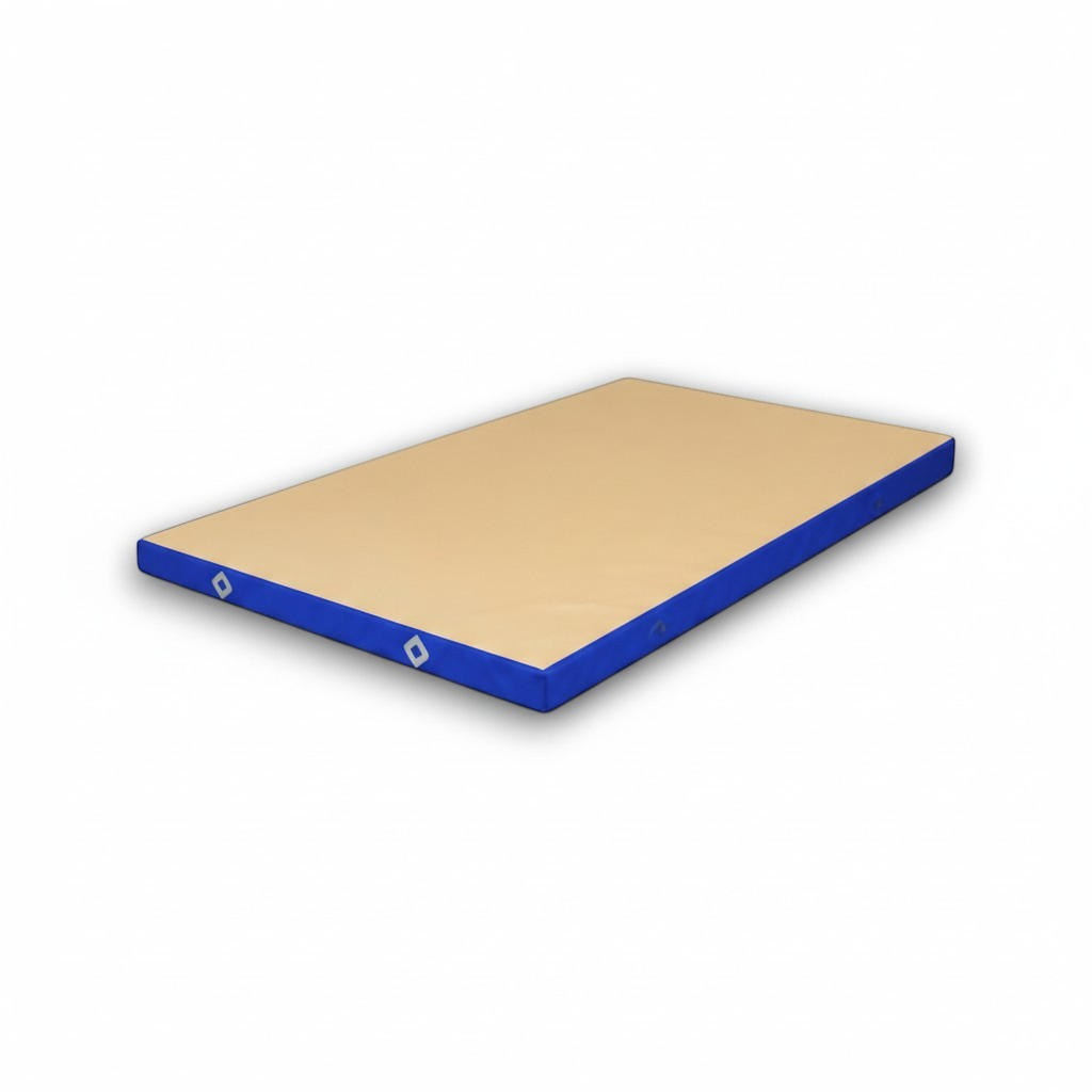 UK Gym Pits FIG approved soft topper gymnastics landing mat with a beige jersey top and blue PVC vinyl sides.