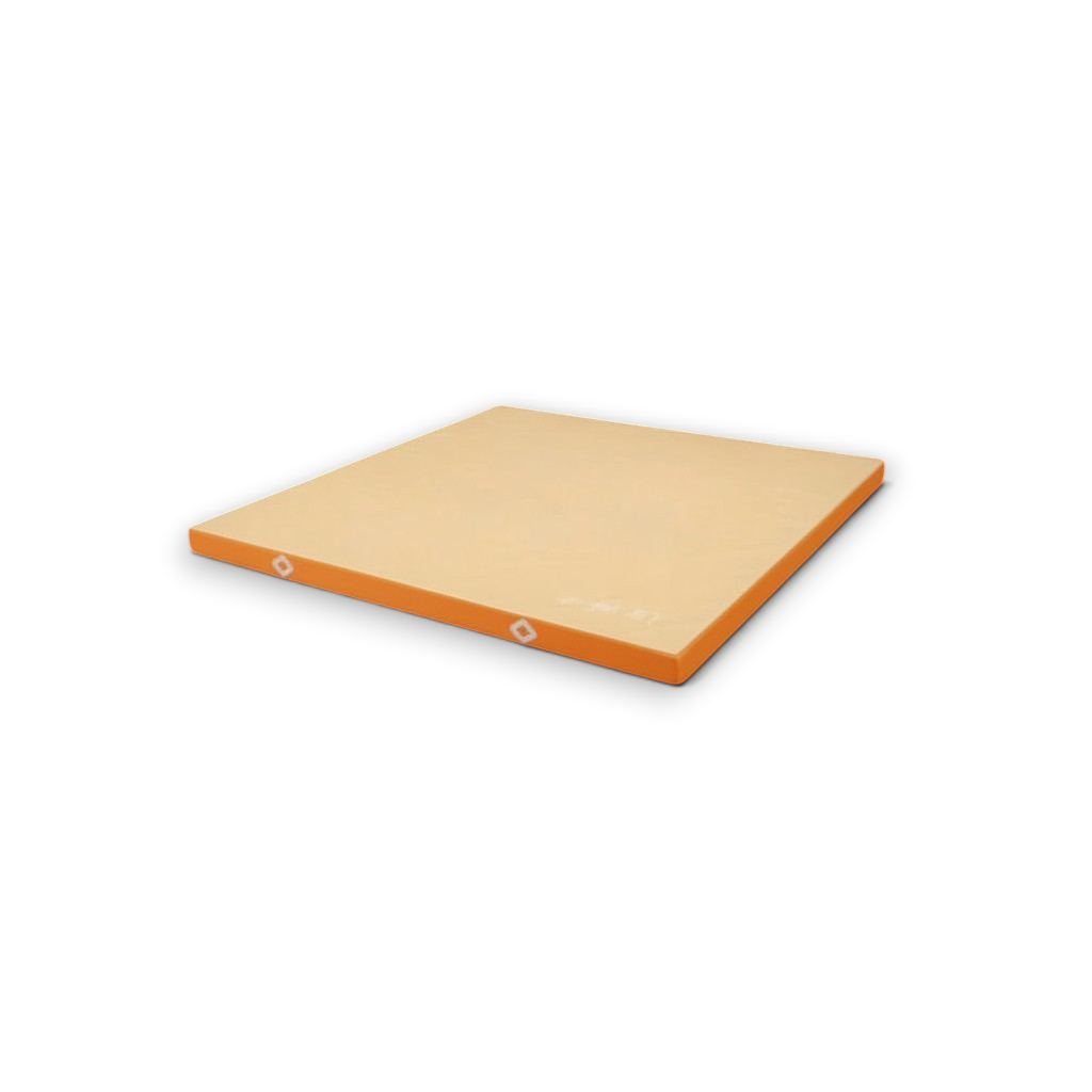 UK Gym Pits FIG approved soft topper gymnastics landing mat with beige jersey fabric top and orange PVC sides.