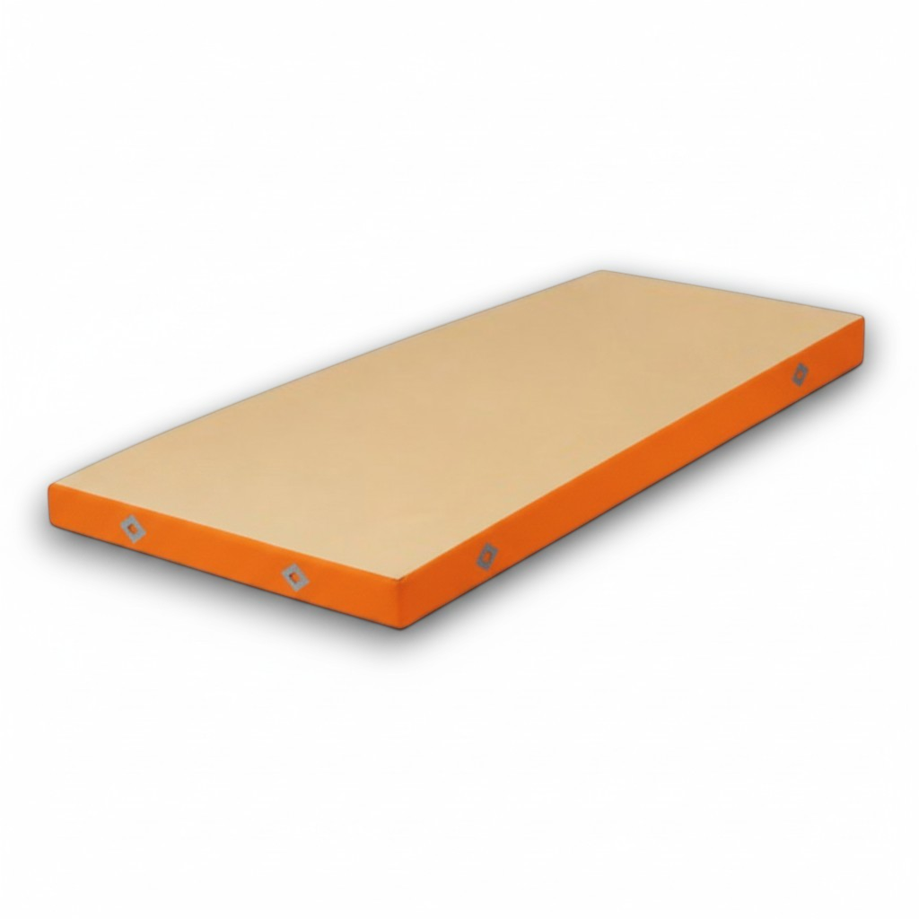 UK Gym Pits FIG approved soft topper landing mat with orange PVC sides and a soft jersey fabric top for gymnastics.