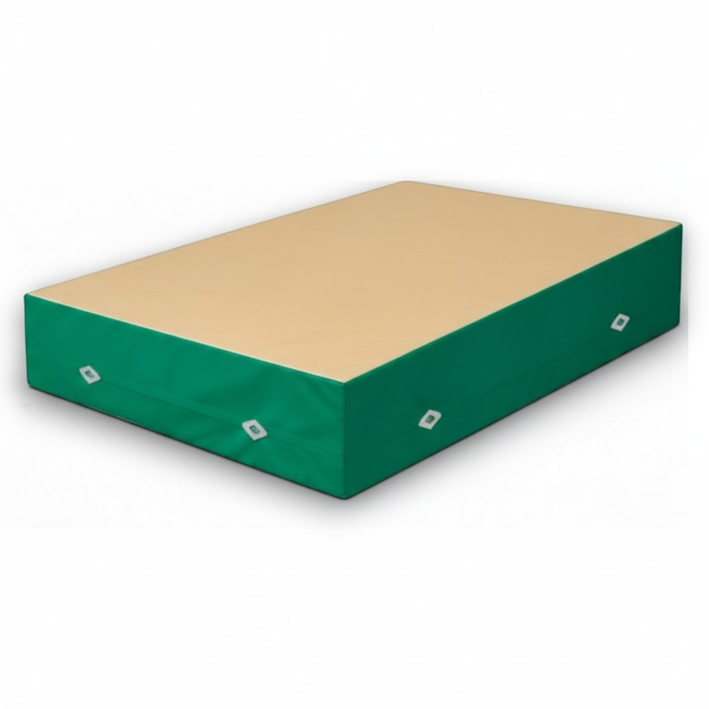 UK Gym Pits FIG approved soft topper gymnastics landing mat with a beige jersey top and green PVC vinyl sides.