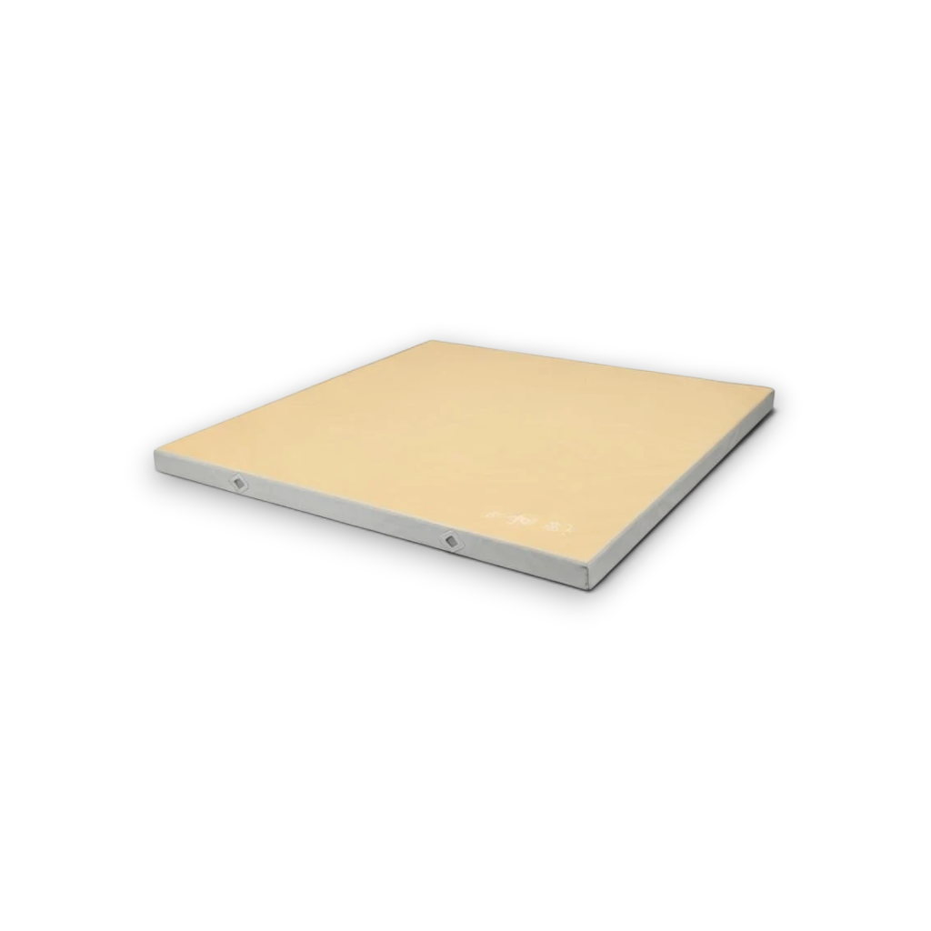UK Gym Pits FIG approved soft topper landing mat with a beige jersey fabric top and grey PVC sides for gymnastics.