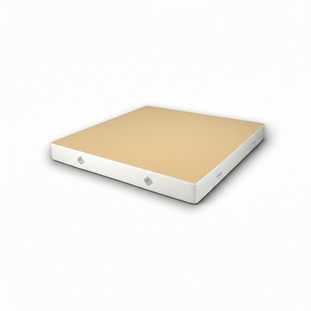 UK Gym Pits FIG approved soft topper landing mat with a beige jersey fabric top and white PVC vinyl sides.