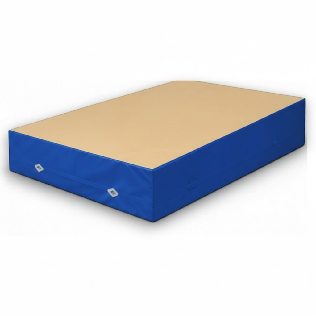 UK Gym Pits FIG approved blue and beige soft topper gymnastics landing mat with non-slip base and jersey fabric top.