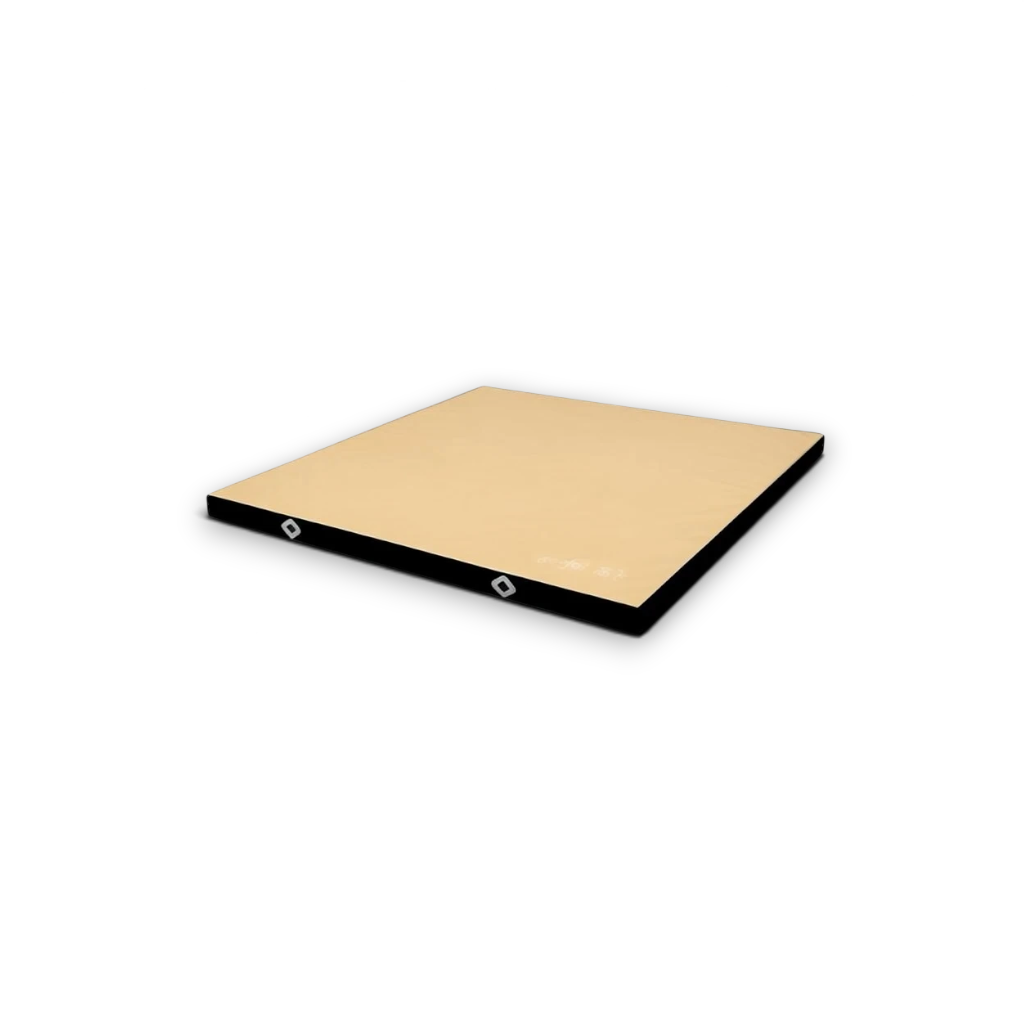 UK Gym Pits FIG approved soft topper gymnastics landing mat with beige jersey top and black PVC sides.