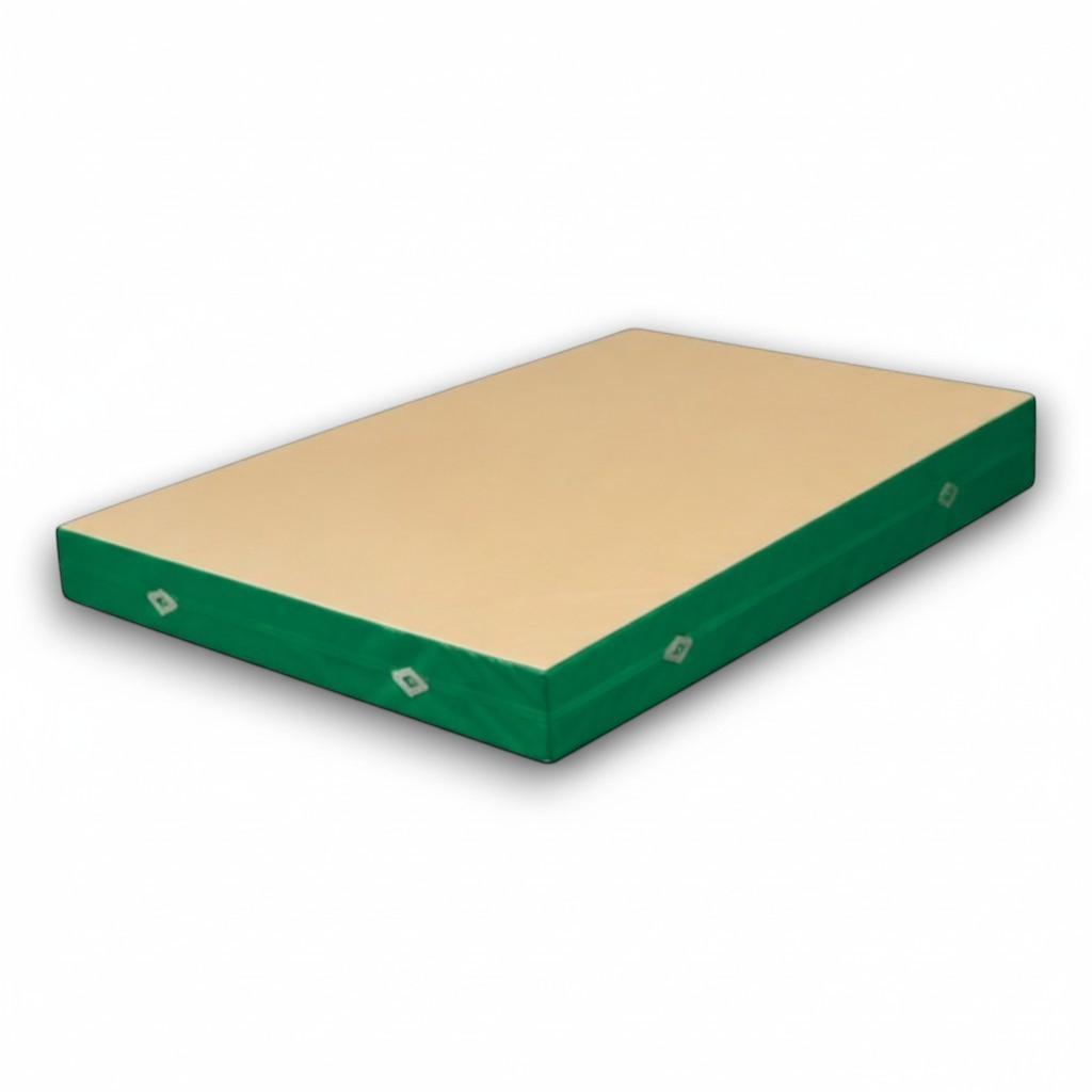 UK Gym Pits FIG approved soft topper landing mat with beige jersey top and green PVC sides for gymnastics training