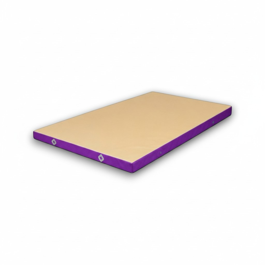 UK Gym Pits FIG approved soft topper landing mat with a beige jersey fabric top and purple PVC sides for gymnastics.