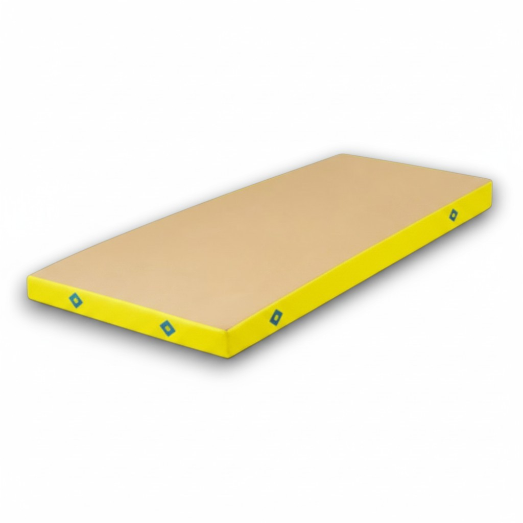 UK Gym Pits FIG approved soft topper landing mat with a tan jersey top and yellow PVC sides for gymnastics training.