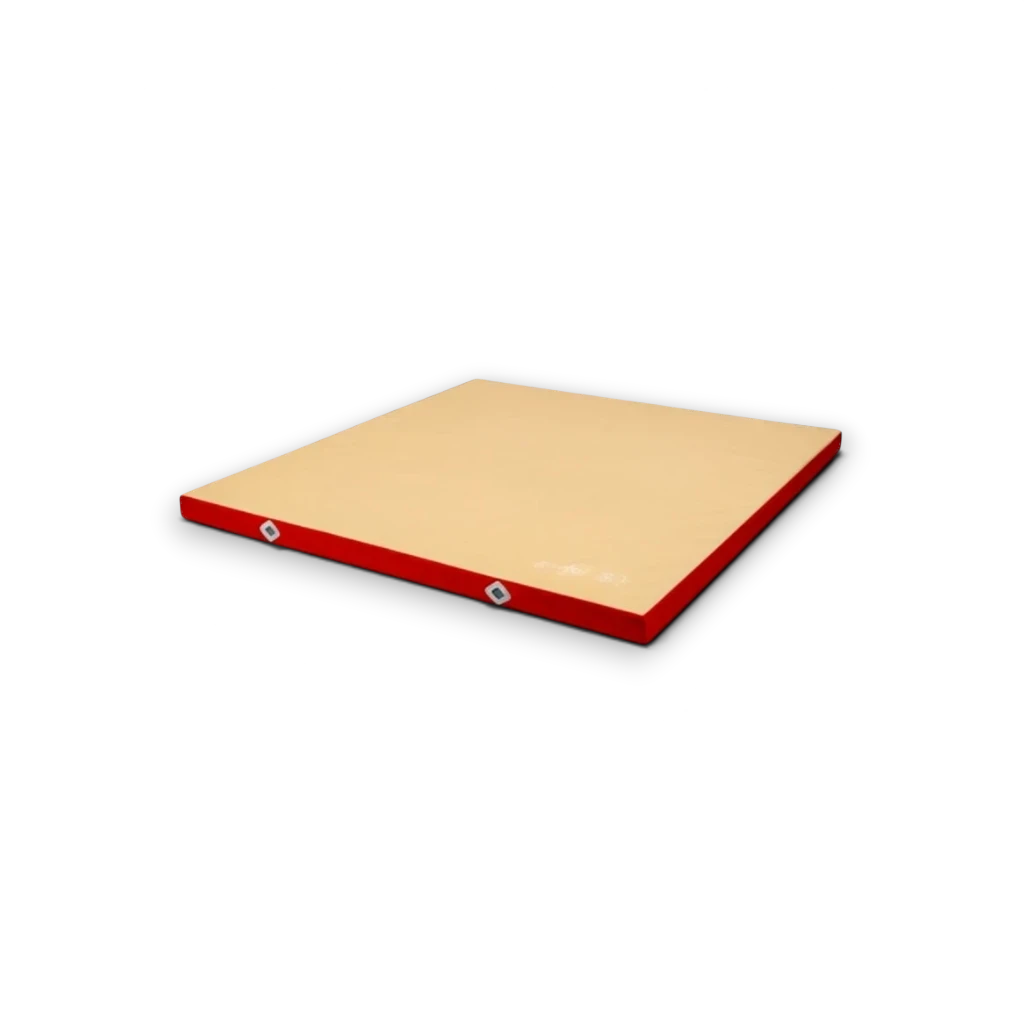 UK Gym Pits FIG approved soft topper landing mat with a beige jersey fabric top and red PVC sides for gymnastics.