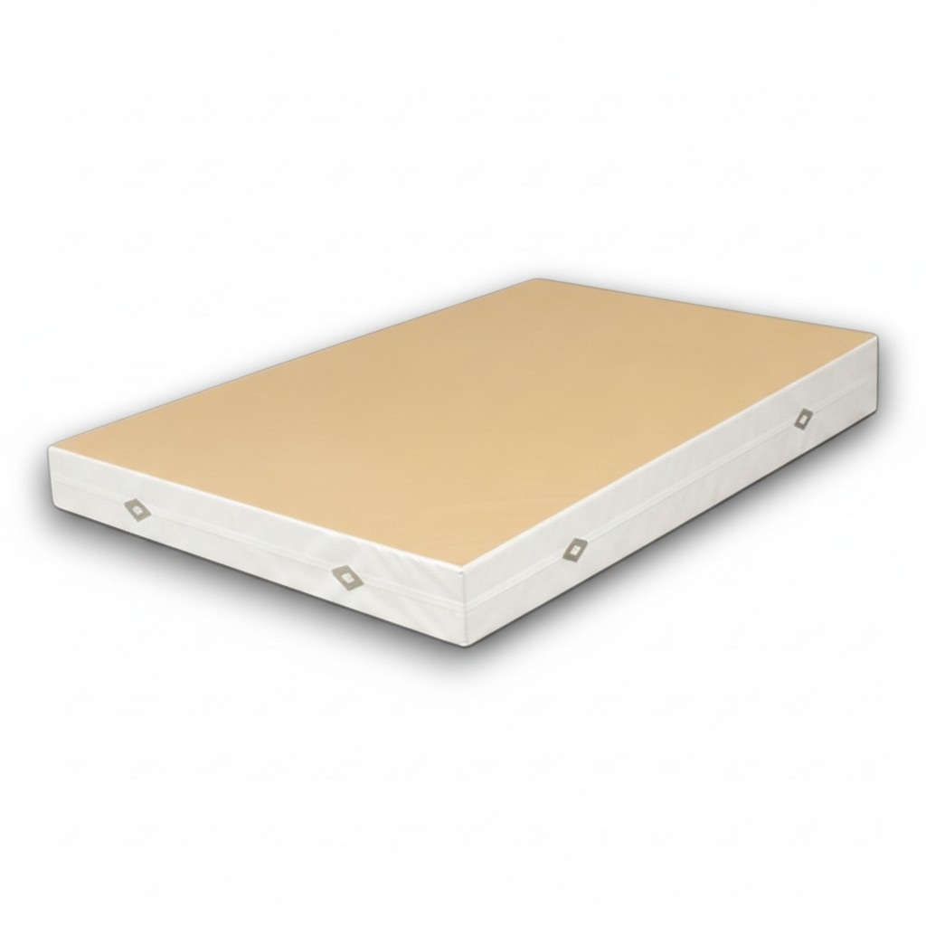 UK Gym Pits FIG approved soft topper landing mat with beige jersey top and white PVC sides with air mesh windows.