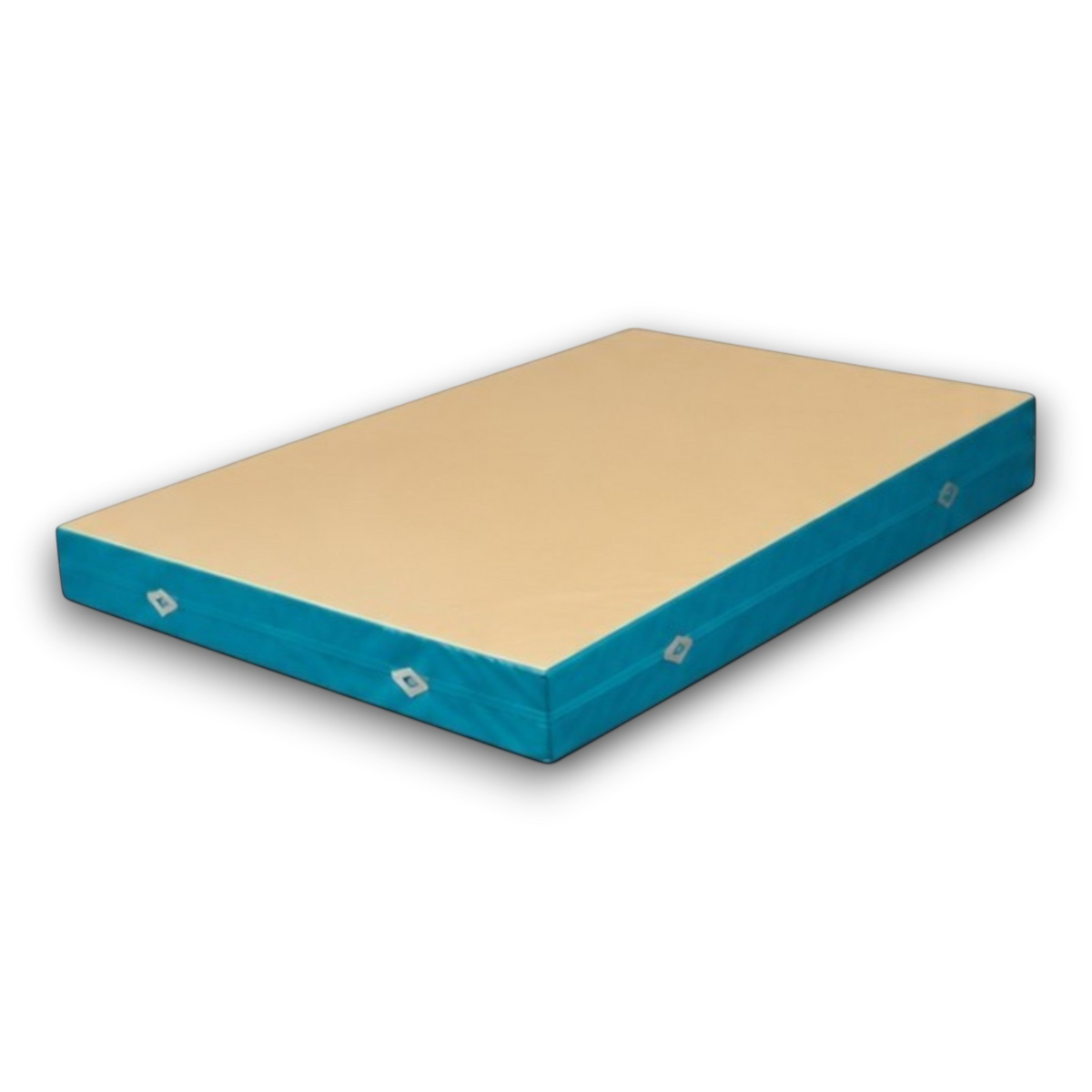 UK Gym Pits FIG approved soft topper landing mat with beige jersey top and blue PVC sides for gymnastics training