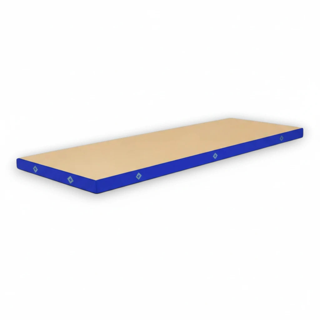 UK Gym Pits FIG approved soft topper landing mat with a beige jersey top and blue PVC sides for gymnastics training.