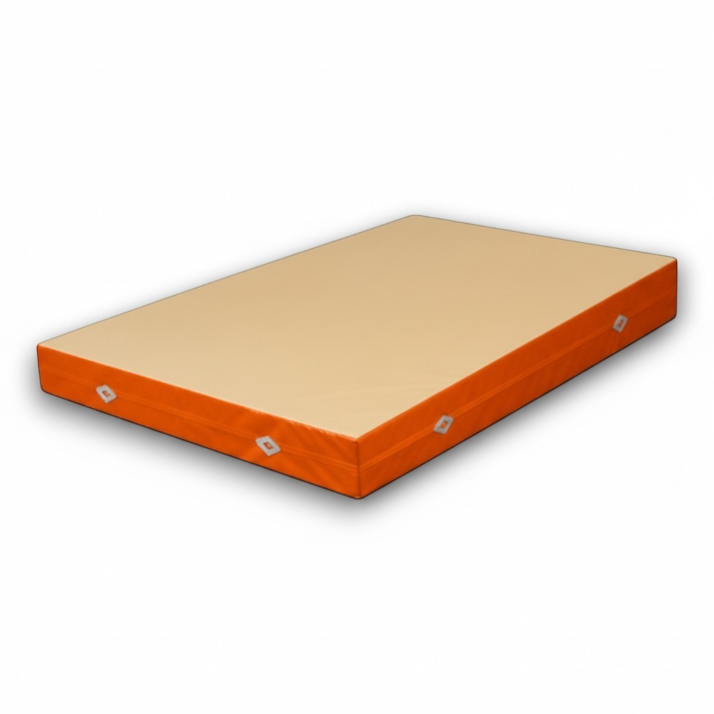 UK Gym Pits FIG approved soft topper landing mat with beige jersey top and orange PVC sides for gymnastics training.