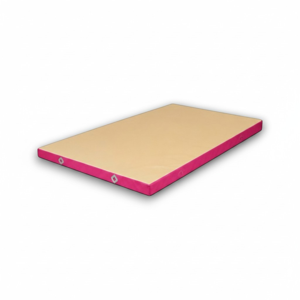 UK Gym Pits FIG approved soft topper gymnastics landing mat with a beige jersey top and pink PVC vinyl sides.