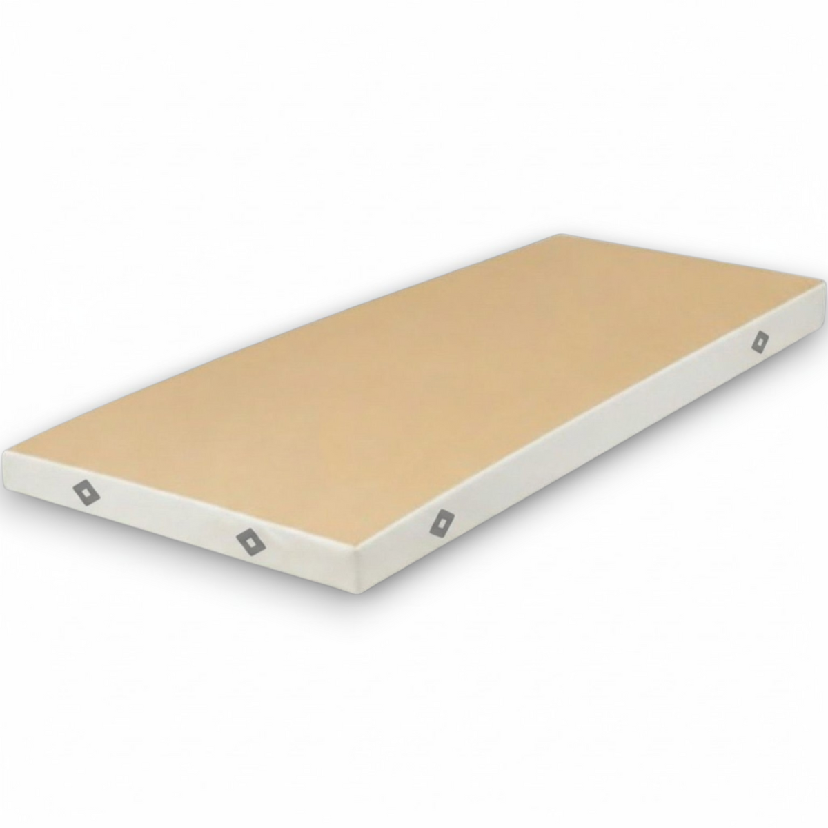 UK Gym Pits FIG approved soft topper landing mat with beige jersey fabric top and white PVC sides for gymnastics.