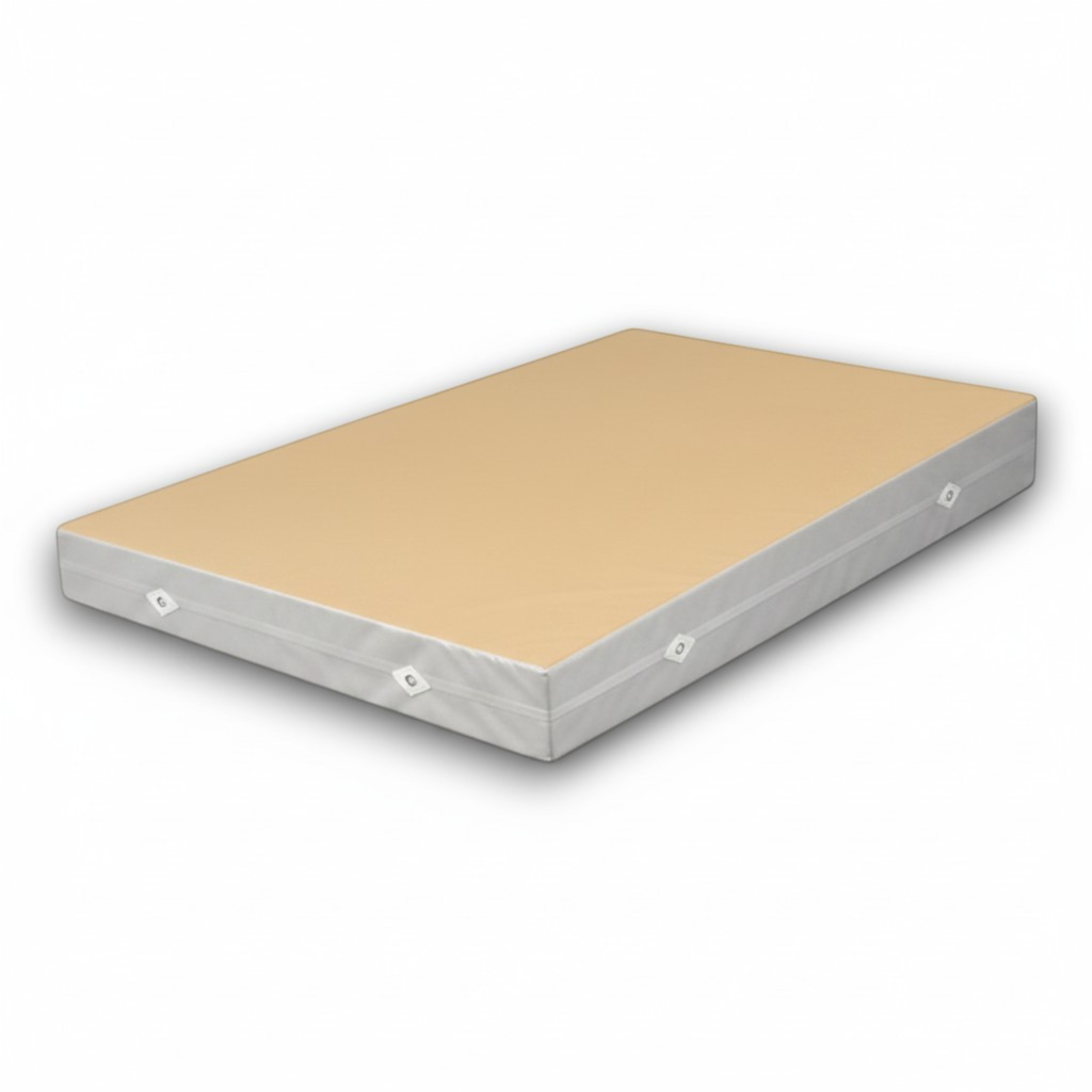 UK Gym Pits FIG approved soft topper landing mat with beige jersey top and white PVC sides for gymnastics training