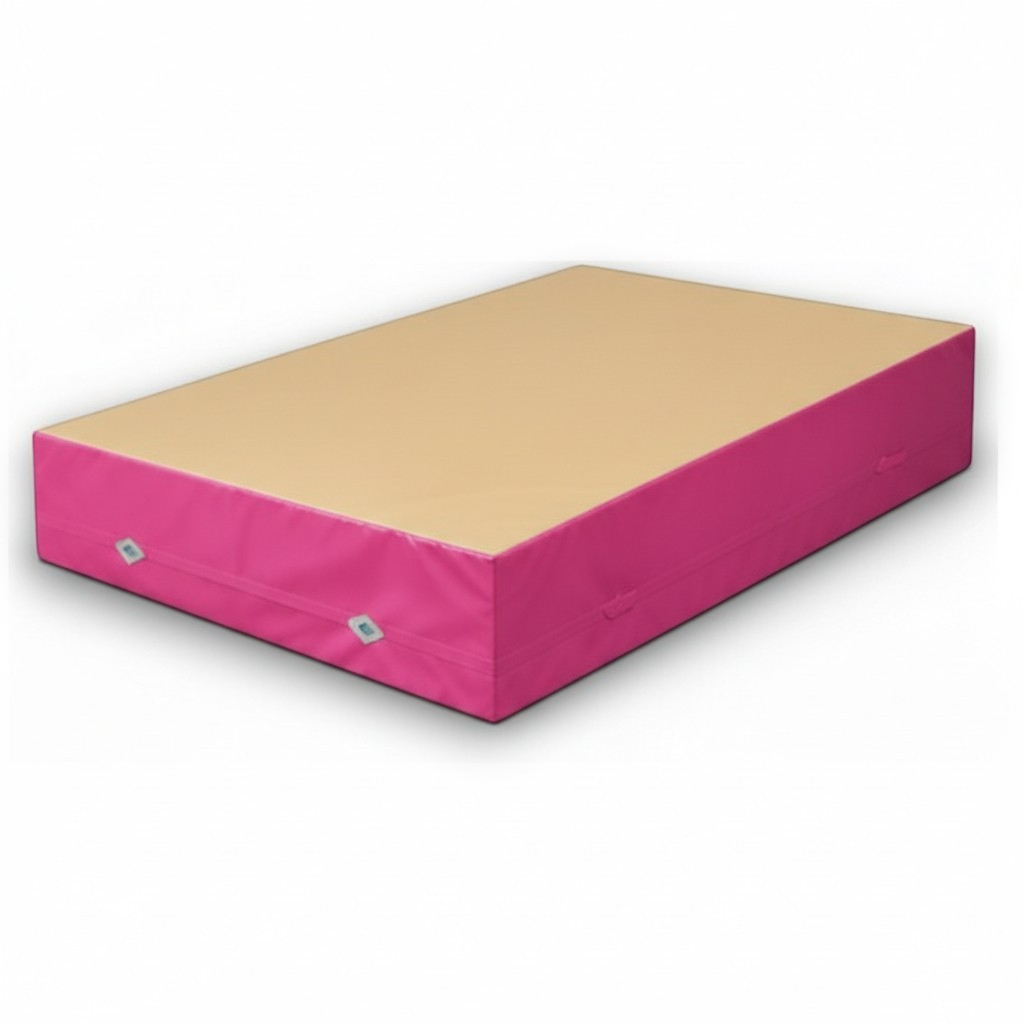 UK Gym Pits FIG approved soft topper landing mat with a beige jersey top and pink PVC sides for gymnastics training.
