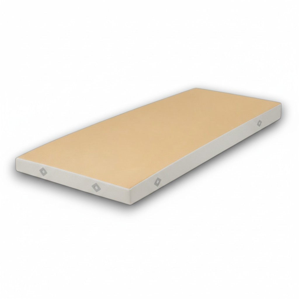 UK Gym Pits FIG approved soft topper gymnastics landing mat with beige jersey top and white PVC sides with air vents.