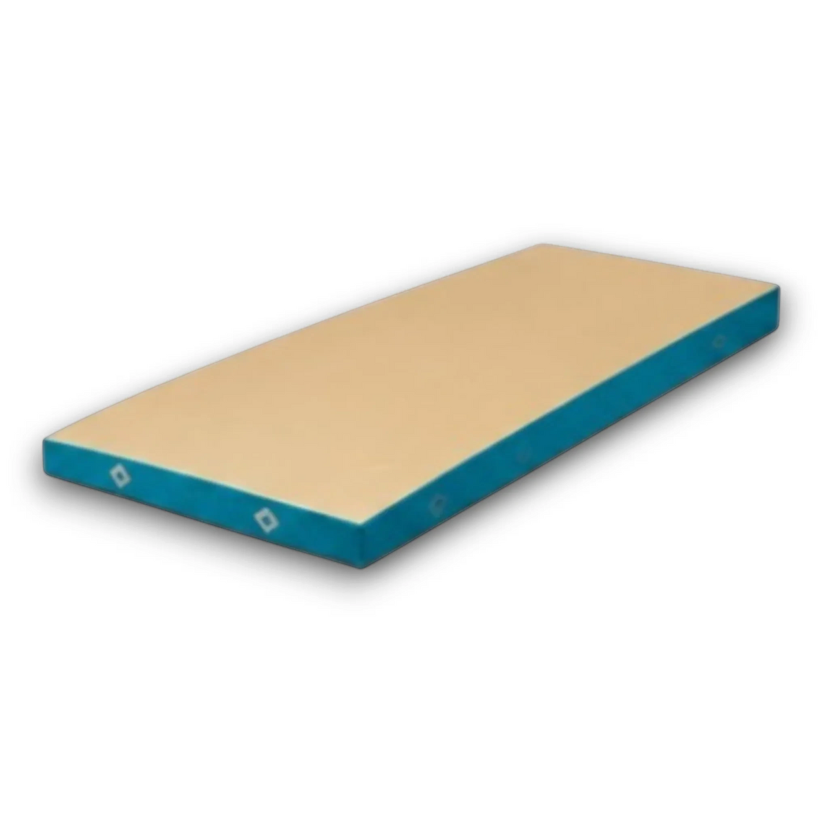 UK Gym Pits FIG approved soft topper landing mat with a beige jersey top and blue PVC sides for gymnastics training.