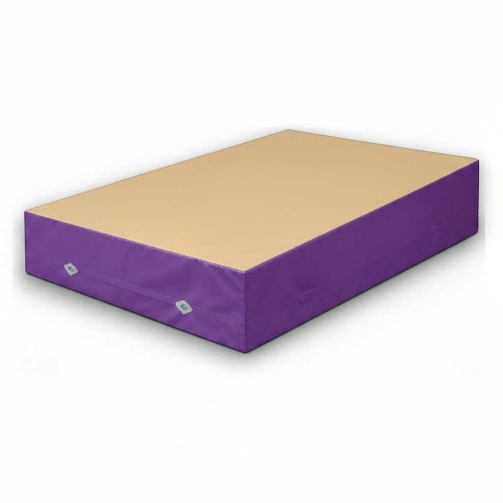 UK Gym Pits FIG approved soft topper landing mat with a beige jersey top and purple PVC sides for gymnastics training.