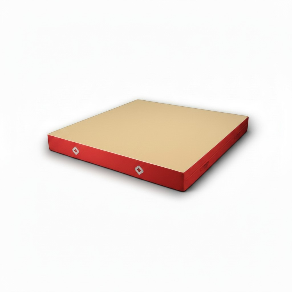UK Gym Pits FIG approved soft topper landing mat with beige jersey top and red PVC sides for gymnastics training