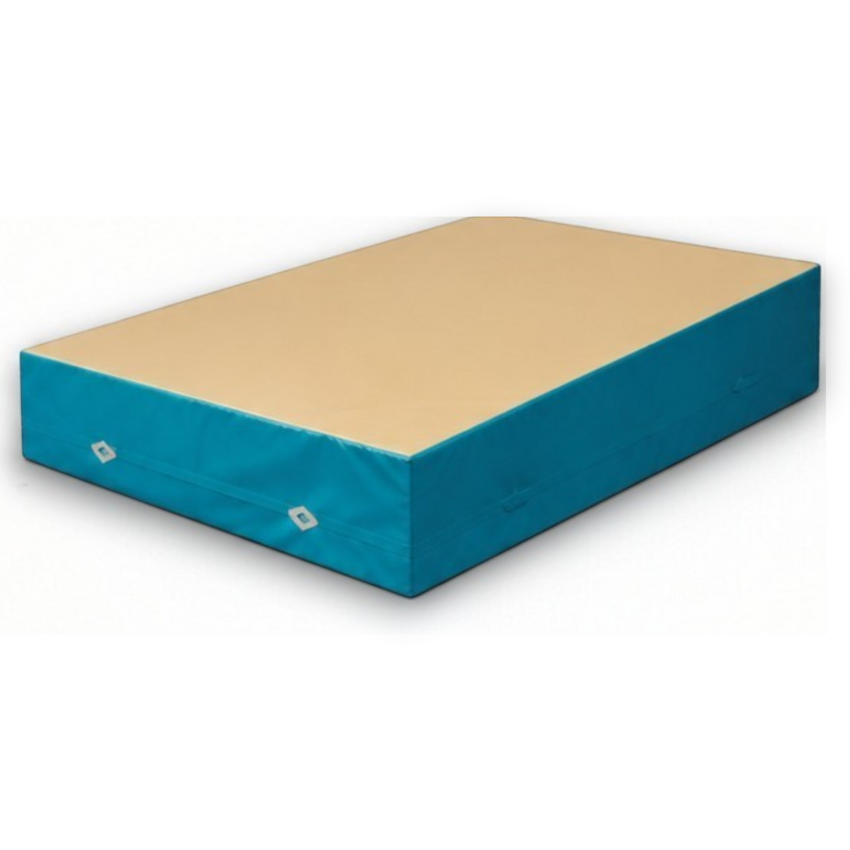 UK Gym Pits FIG approved soft topper landing mat with a beige jersey top and blue PVC sides for gymnastics training.