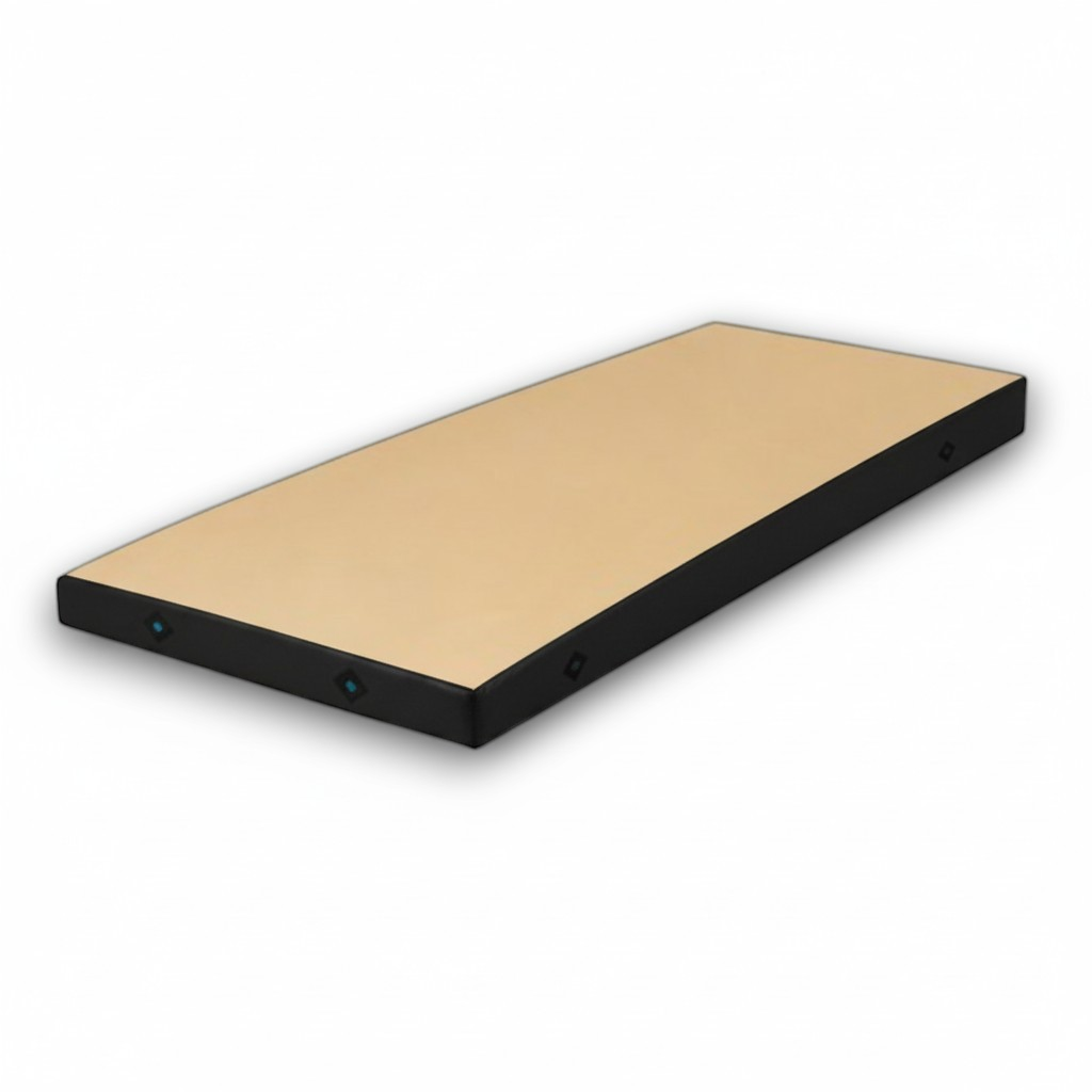 UK Gym Pits FIG approved soft topper landing mat with beige jersey top and black PVC sides for gymnastics training